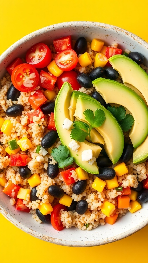 Vegan Mexican Quinoa Bowl Recipe A vibrant vegan Mexican quinoa bowl with quinoa, black beans, corn, tomatoes, bell peppers, topped with avocado and cilantro.